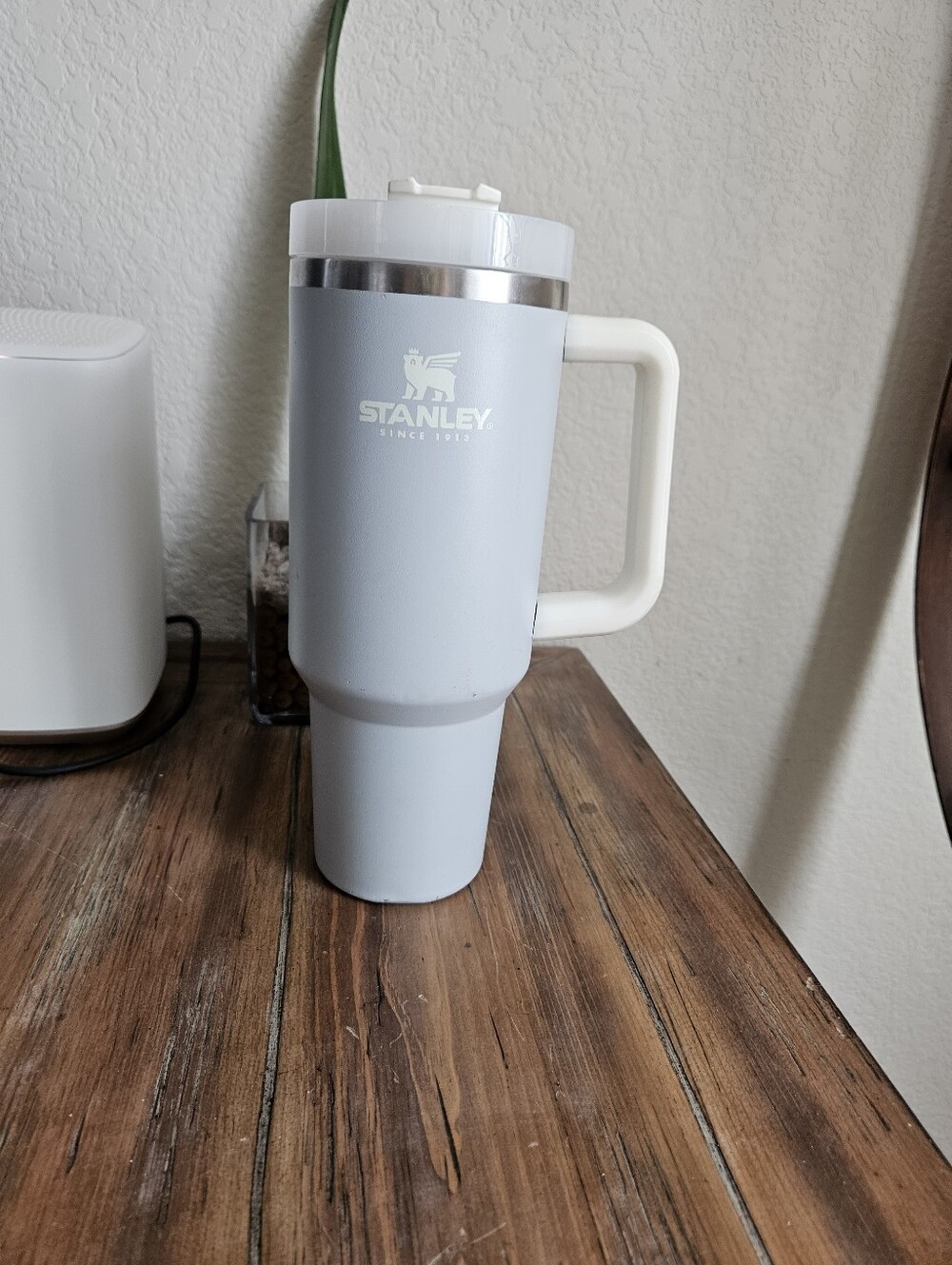 Stanley Light Gray Travel Mug with White Handle
